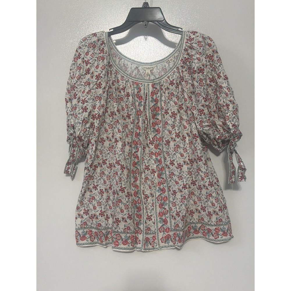 Max Studio London Floral Puff Sleeve Peasant Blouse White Red XL 4703B33